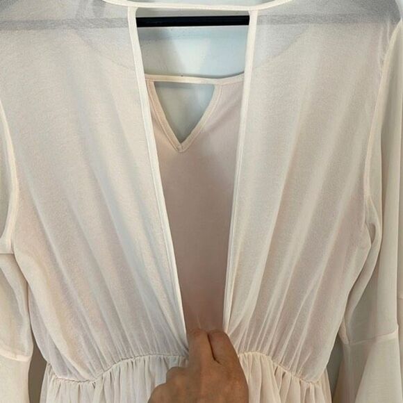 Paper Crane Womens Flare‎ Sleeve Dress Tunic Sheer Mini Cutout Beige Size XL - Picture 4 of 10
